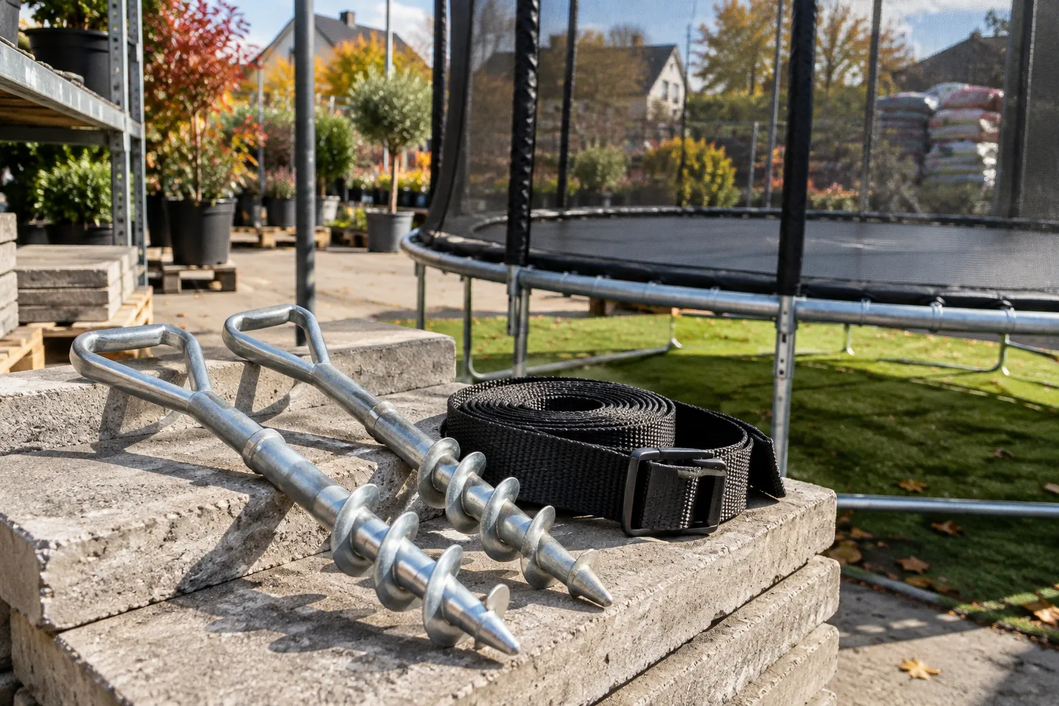 Kit d'ancrage pour trampoline : efficacité face aux vents forts